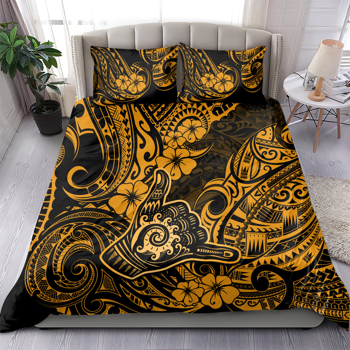 Hawaii Shaka Sign Bedding Set With Polynesian Hibiscus Gold Unique - Wonder Print Shop