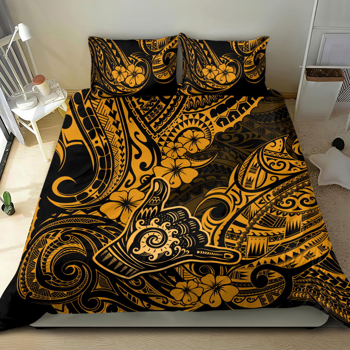 Hawaii Shaka Sign Bedding Set With Polynesian Hibiscus Gold Unique - Wonder Print Shop