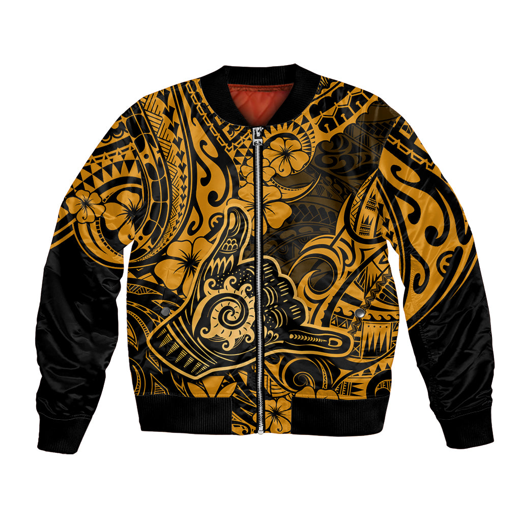 Hawaii Shaka Sign Bomber Jacket With Polynesian Hibiscus Gold Unique - Wonder Print Shop
