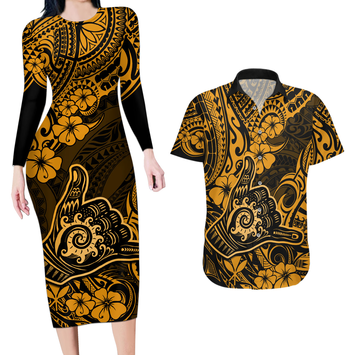 Hawaii Shaka Sign Couples Matching Long Sleeve Bodycon Dress and Hawaiian Shirt With Polynesian Hibiscus Gold Unique - Wonder Print Shop