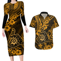 Hawaii Shaka Sign Couples Matching Long Sleeve Bodycon Dress and Hawaiian Shirt With Polynesian Hibiscus Gold Unique - Wonder Print Shop