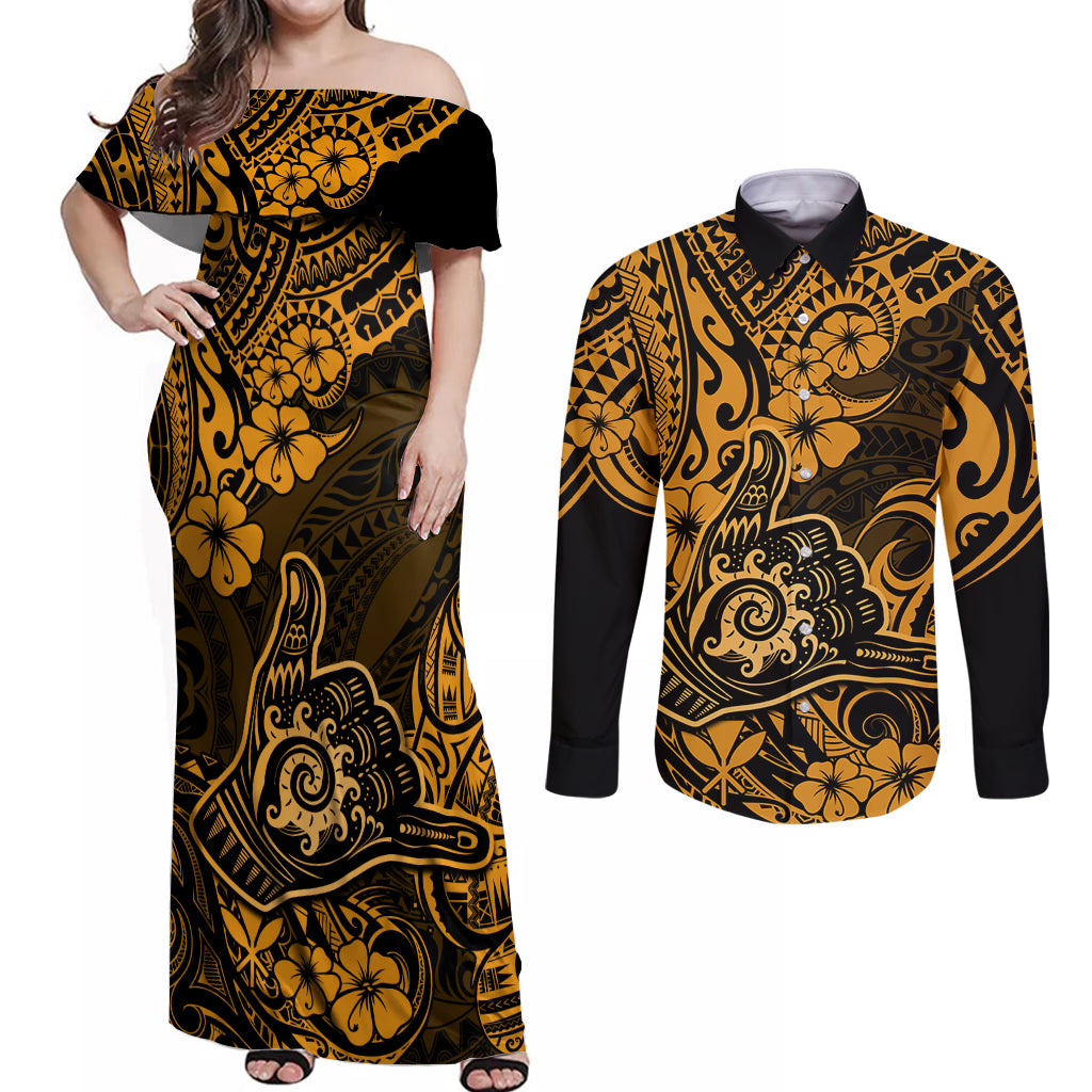 Hawaii Shaka Sign Couples Matching Off Shoulder Maxi Dress and Long Sleeve Button Shirts With Polynesian Hibiscus Gold Unique - Wonder Print Shop
