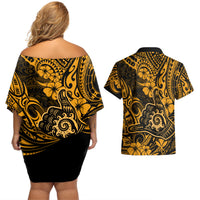 Hawaii Shaka Sign Couples Matching Off Shoulder Short Dress and Hawaiian Shirt With Polynesian Hibiscus Gold Unique - Wonder Print Shop