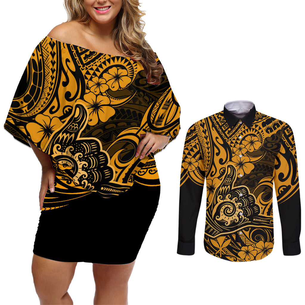 Hawaii Shaka Sign Couples Matching Off Shoulder Short Dress and Long Sleeve Button Shirts With Polynesian Hibiscus Gold Unique - Wonder Print Shop