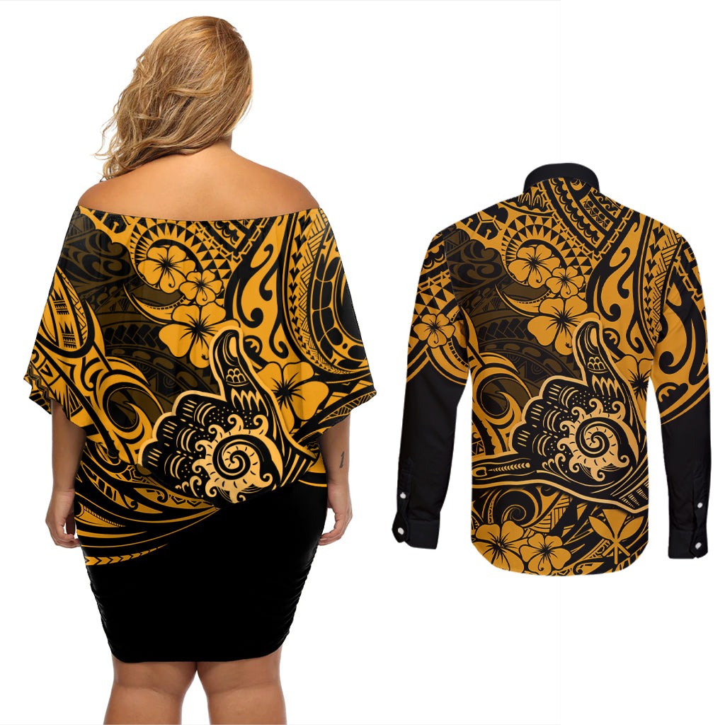 Hawaii Shaka Sign Couples Matching Off Shoulder Short Dress and Long Sleeve Button Shirts With Polynesian Hibiscus Gold Unique - Wonder Print Shop