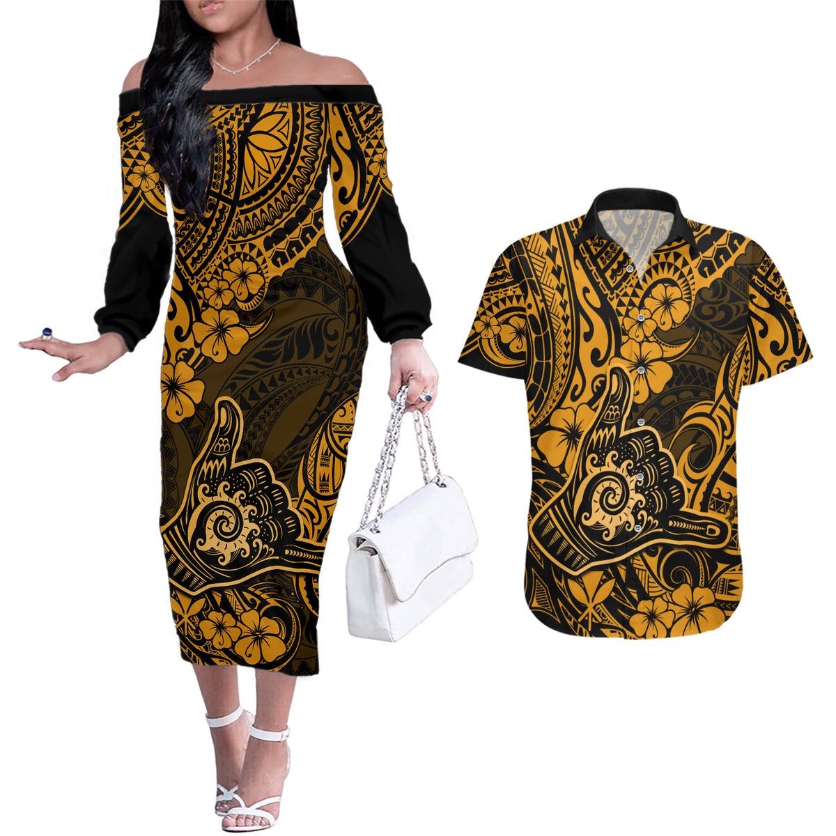 Hawaii Shaka Sign Couples Matching Off The Shoulder Long Sleeve Dress and Hawaiian Shirt With Polynesian Hibiscus Gold Unique - Wonder Print Shop