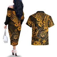 Hawaii Shaka Sign Couples Matching Off The Shoulder Long Sleeve Dress and Hawaiian Shirt With Polynesian Hibiscus Gold Unique - Wonder Print Shop