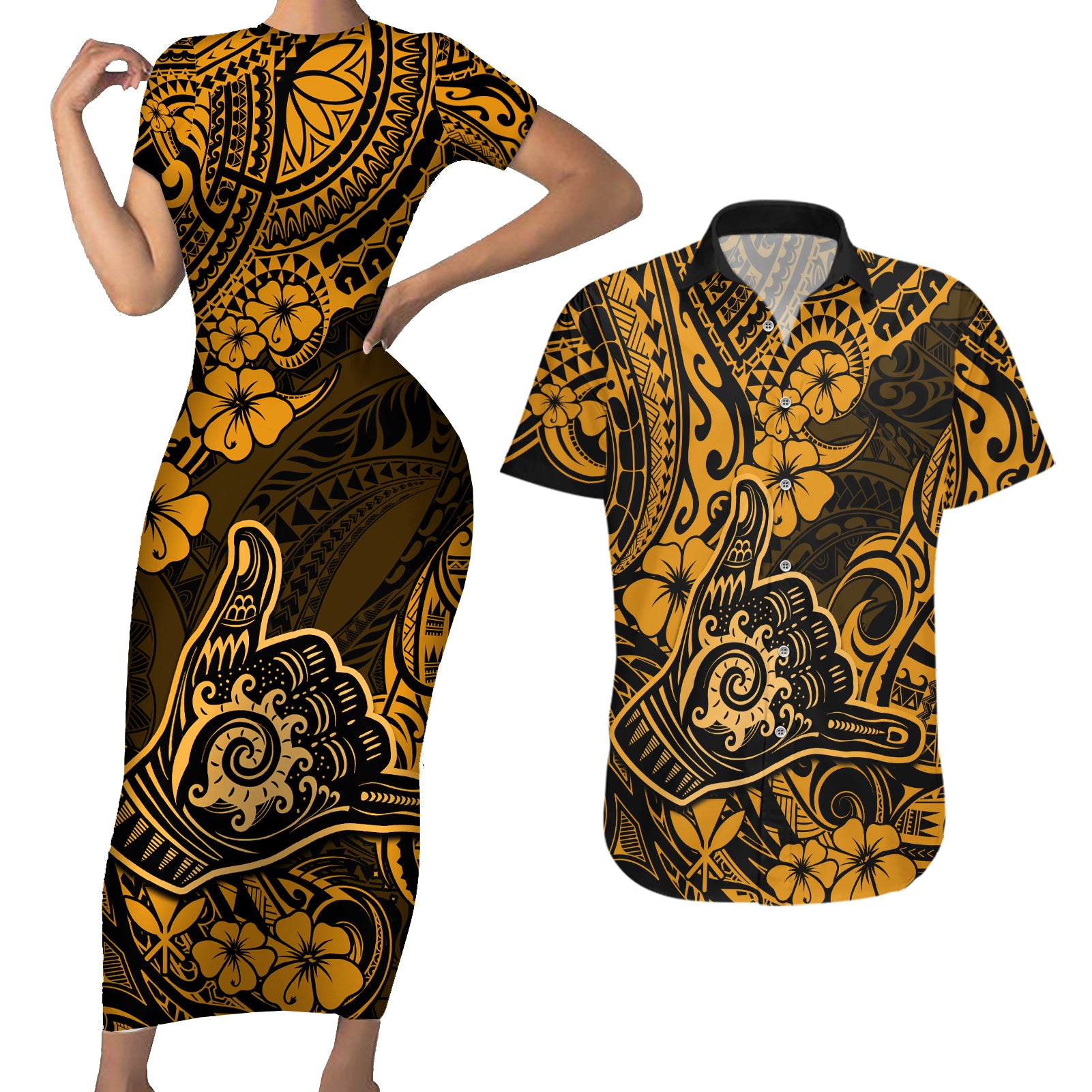 Hawaii Shaka Sign Couples Matching Short Sleeve Bodycon Dress and Hawaiian Shirt With Polynesian Hibiscus Gold Unique - Wonder Print Shop
