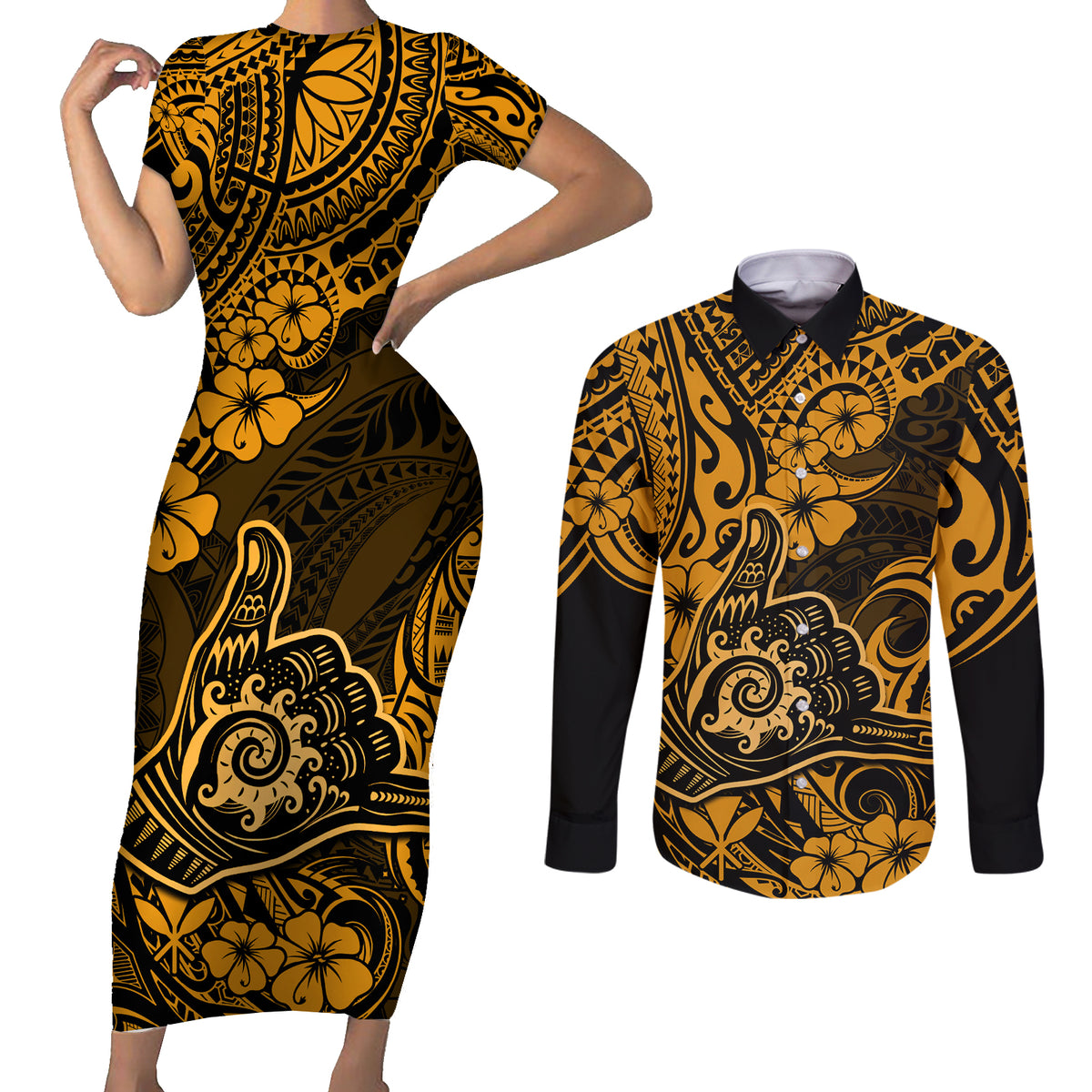 Hawaii Shaka Sign Couples Matching Short Sleeve Bodycon Dress and Long Sleeve Button Shirts With Polynesian Hibiscus Gold Unique - Wonder Print Shop
