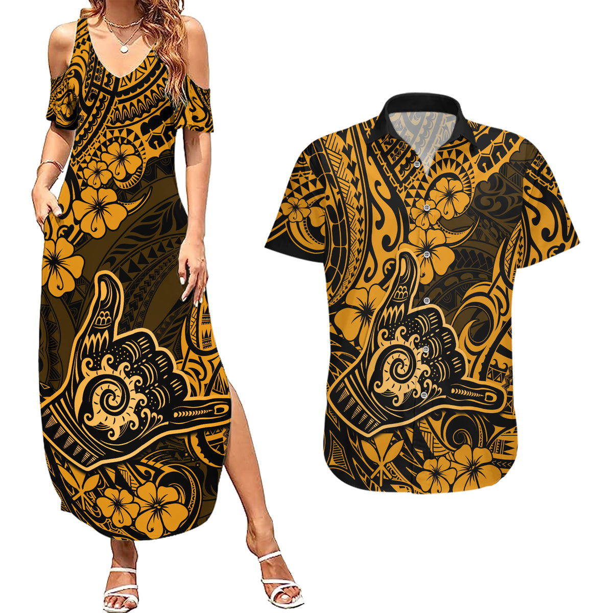 Hawaii Shaka Sign Couples Matching Summer Maxi Dress and Hawaiian Shirt With Polynesian Hibiscus Gold Unique - Wonder Print Shop