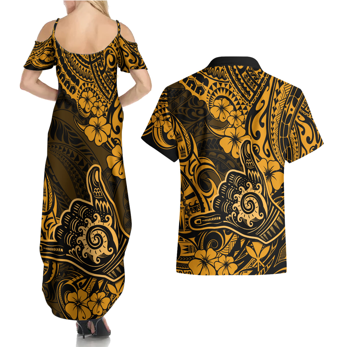 Hawaii Shaka Sign Couples Matching Summer Maxi Dress and Hawaiian Shirt With Polynesian Hibiscus Gold Unique - Wonder Print Shop