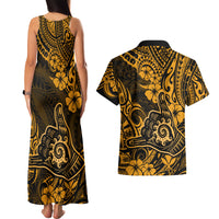 Hawaii Shaka Sign Couples Matching Tank Maxi Dress and Hawaiian Shirt With Polynesian Hibiscus Gold Unique - Wonder Print Shop