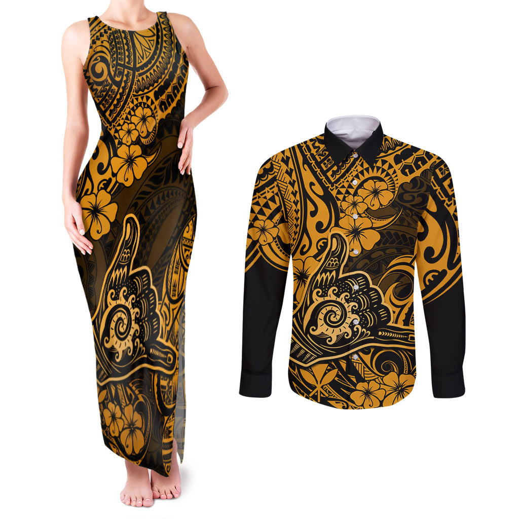 Hawaii Shaka Sign Couples Matching Tank Maxi Dress and Long Sleeve Button Shirts With Polynesian Hibiscus Gold Unique - Wonder Print Shop