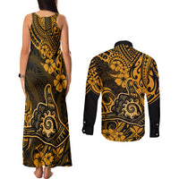 Hawaii Shaka Sign Couples Matching Tank Maxi Dress and Long Sleeve Button Shirts With Polynesian Hibiscus Gold Unique - Wonder Print Shop