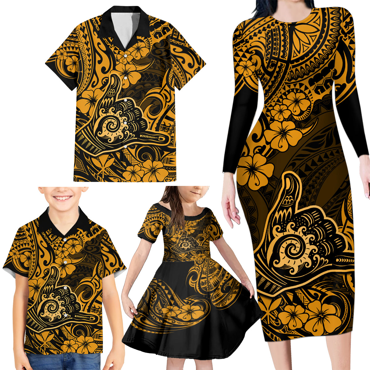 Hawaii Shaka Sign Family Matching Long Sleeve Bodycon Dress and Hawaiian Shirt With Polynesian Hibiscus Gold Unique - Wonder Print Shop
