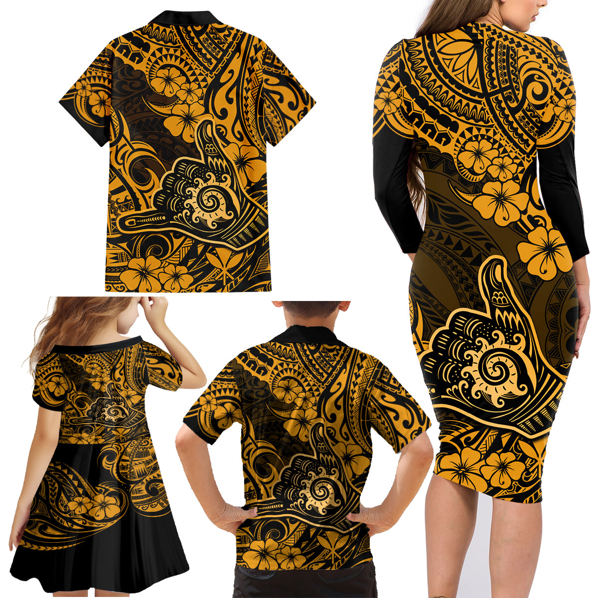 Hawaii Shaka Sign Family Matching Long Sleeve Bodycon Dress and Hawaiian Shirt With Polynesian Hibiscus Gold Unique - Wonder Print Shop