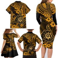 Hawaii Shaka Sign Family Matching Long Sleeve Bodycon Dress and Hawaiian Shirt With Polynesian Hibiscus Gold Unique - Wonder Print Shop