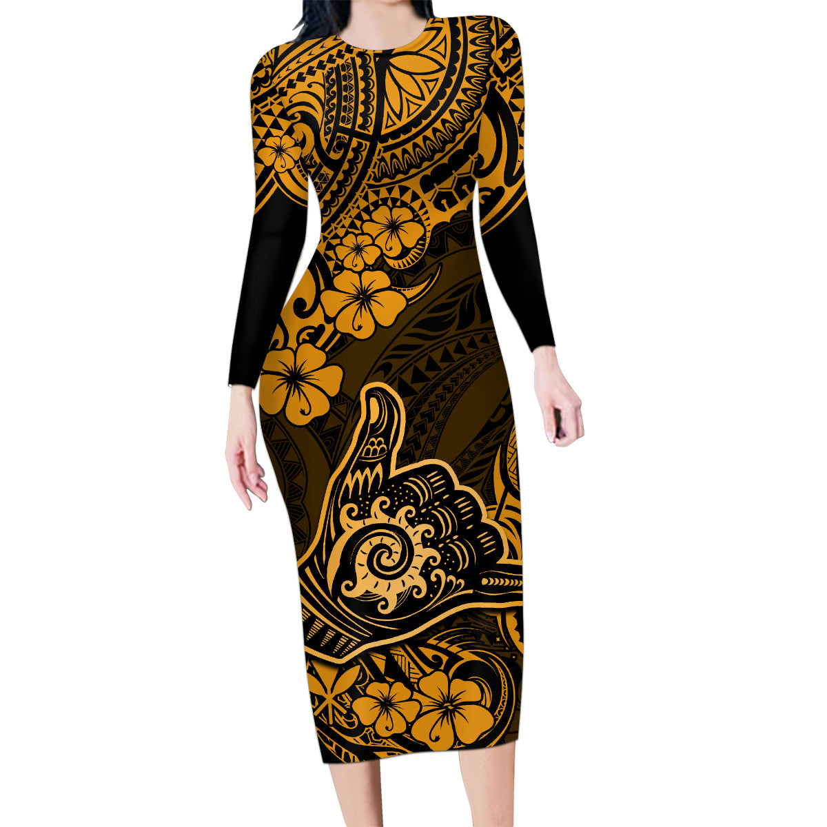 Hawaii Shaka Sign Family Matching Long Sleeve Bodycon Dress and Hawaiian Shirt With Polynesian Hibiscus Gold Unique - Wonder Print Shop