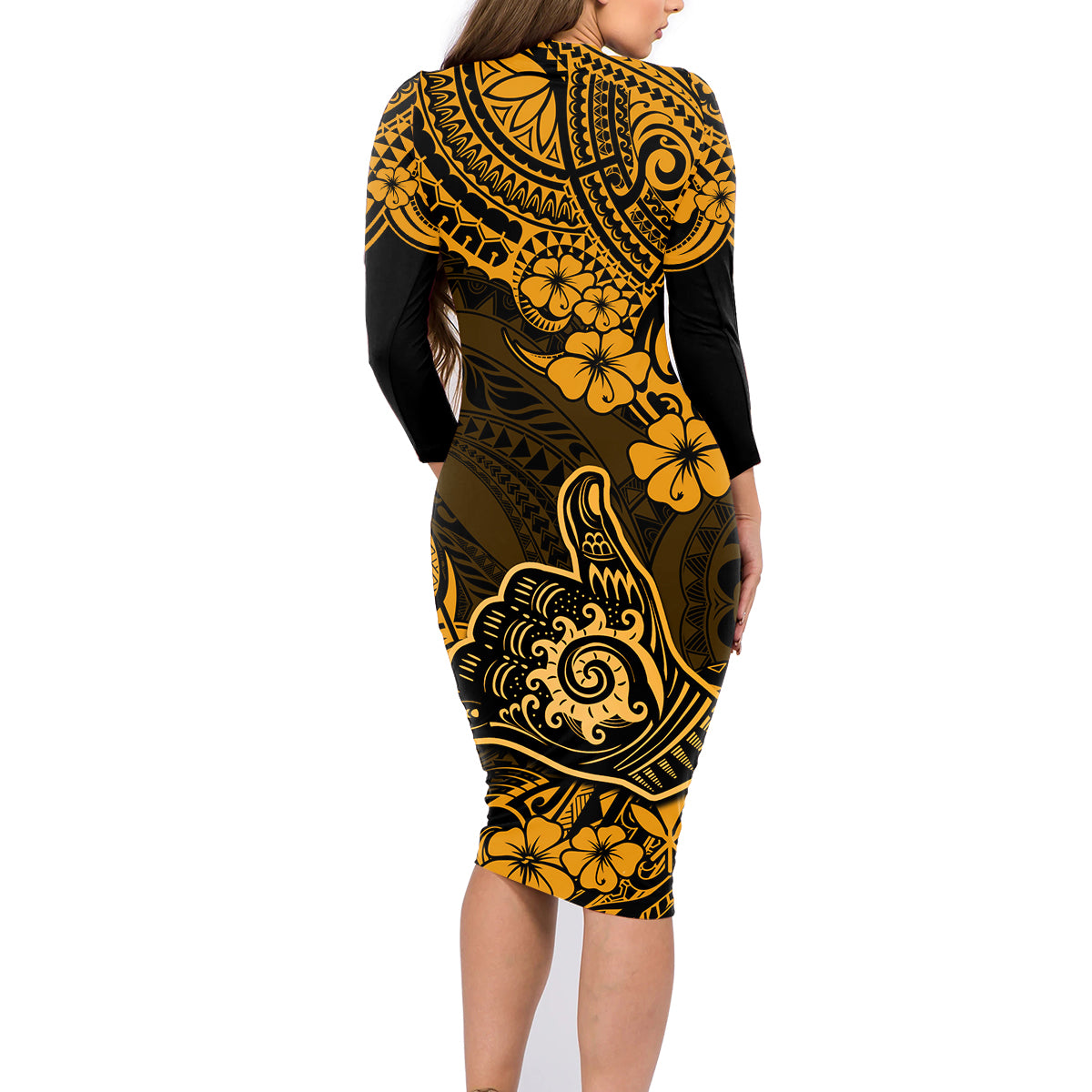 Hawaii Shaka Sign Family Matching Long Sleeve Bodycon Dress and Hawaiian Shirt With Polynesian Hibiscus Gold Unique - Wonder Print Shop