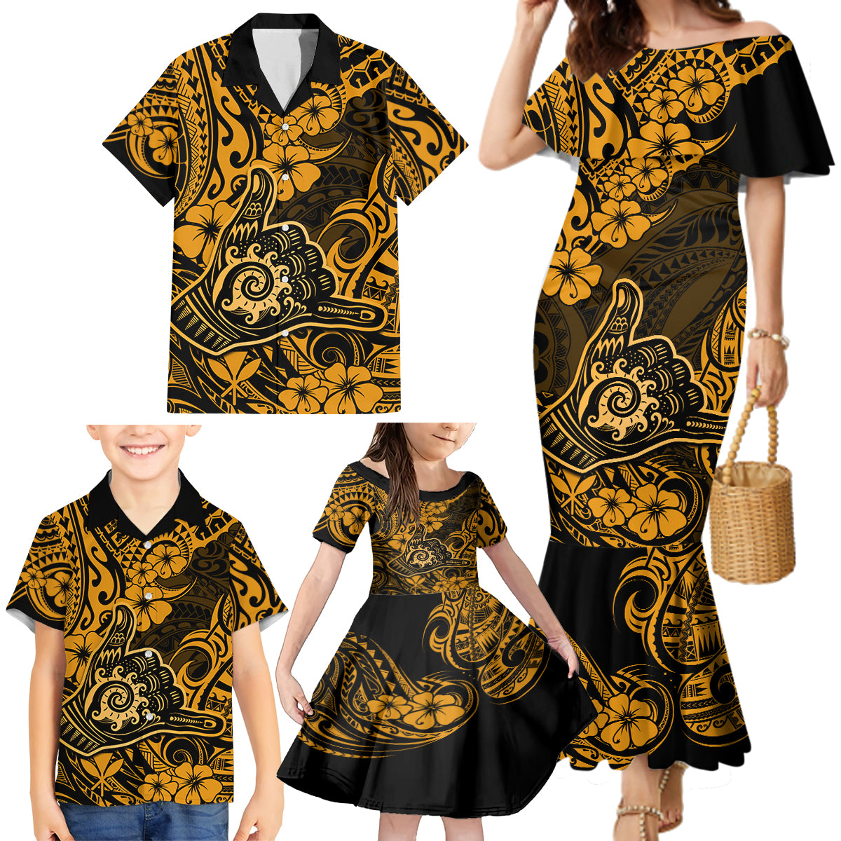 Hawaii Shaka Sign Family Matching Mermaid Dress and Hawaiian Shirt With Polynesian Hibiscus Gold Unique - Wonder Print Shop