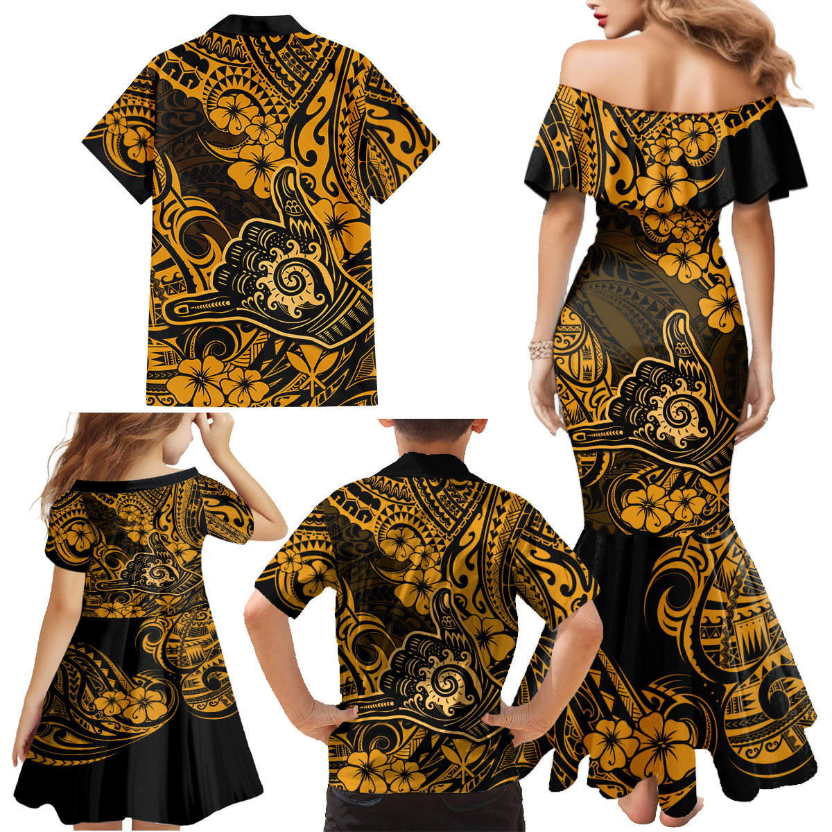 Hawaii Shaka Sign Family Matching Mermaid Dress and Hawaiian Shirt With Polynesian Hibiscus Gold Unique - Wonder Print Shop