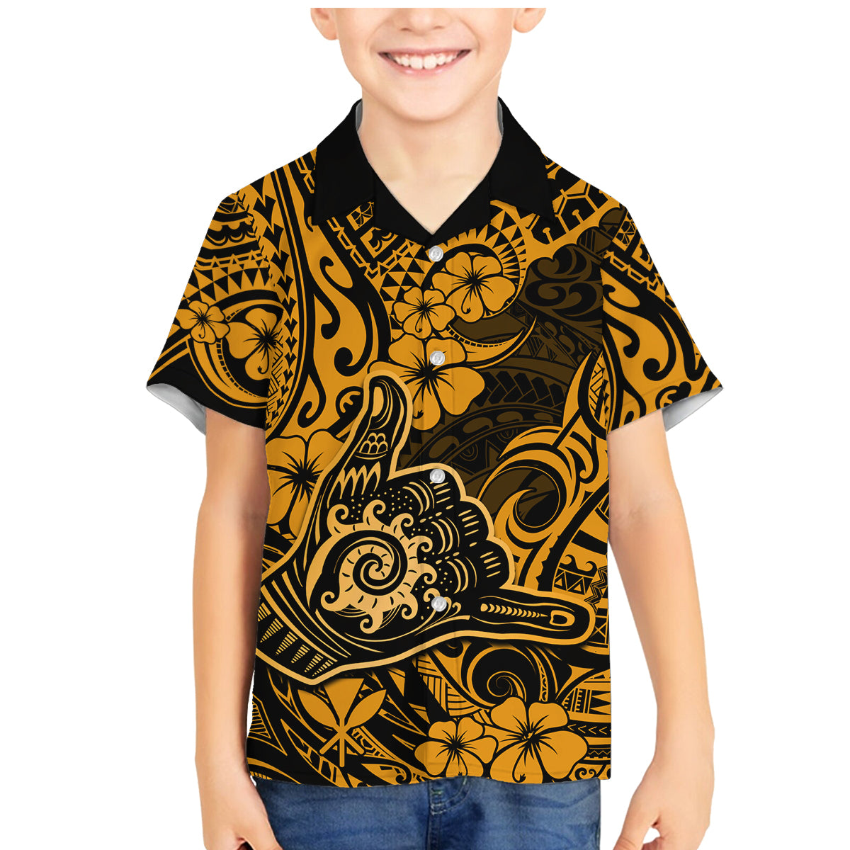 Hawaii Shaka Sign Family Matching Mermaid Dress and Hawaiian Shirt With Polynesian Hibiscus Gold Unique - Wonder Print Shop