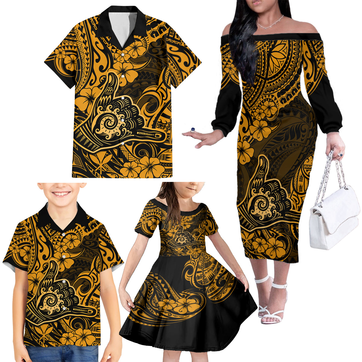 Hawaii Shaka Sign Family Matching Off Shoulder Long Sleeve Dress and Hawaiian Shirt With Polynesian Hibiscus Gold Unique - Wonder Print Shop
