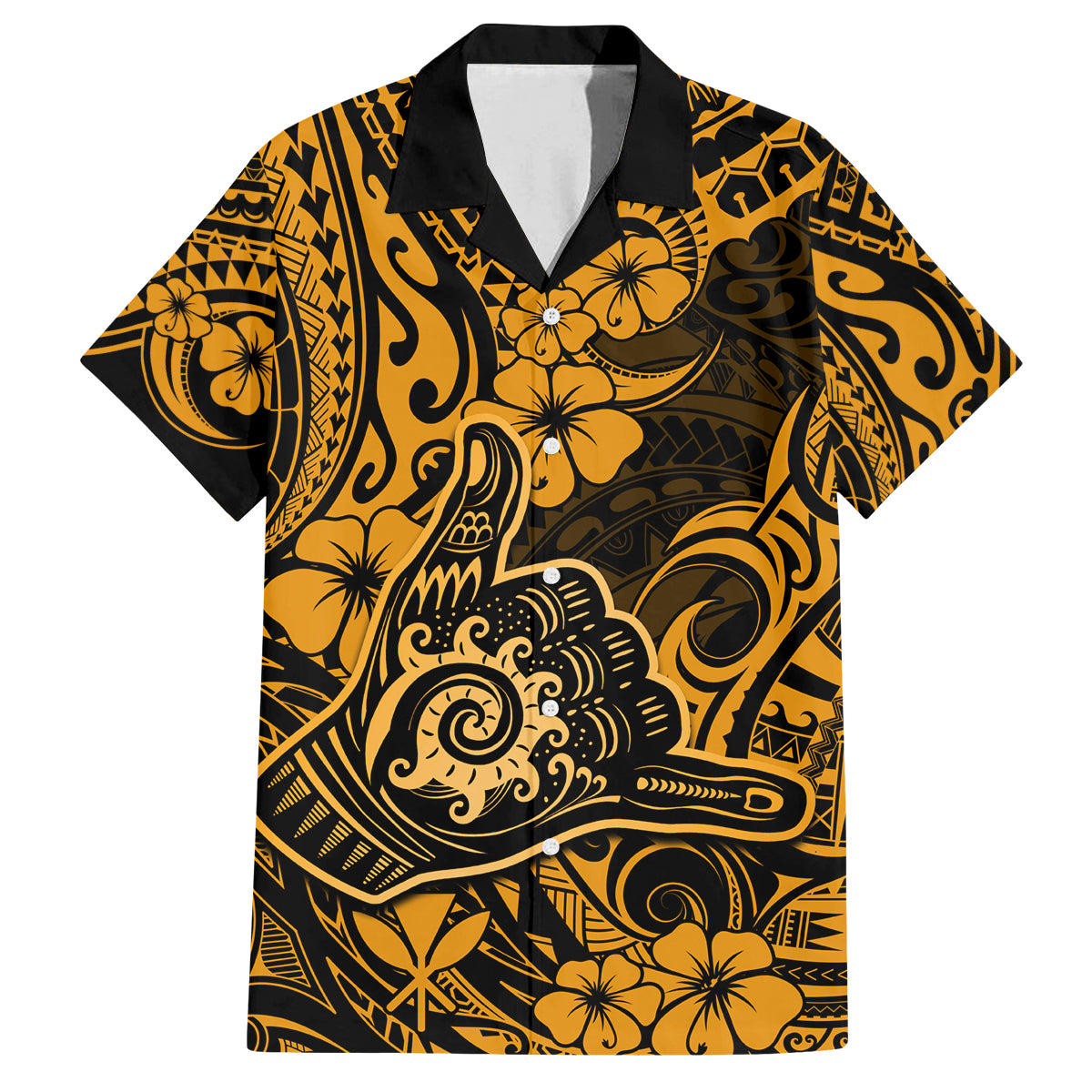 Hawaii Shaka Sign Family Matching Off Shoulder Long Sleeve Dress and Hawaiian Shirt With Polynesian Hibiscus Gold Unique - Wonder Print Shop