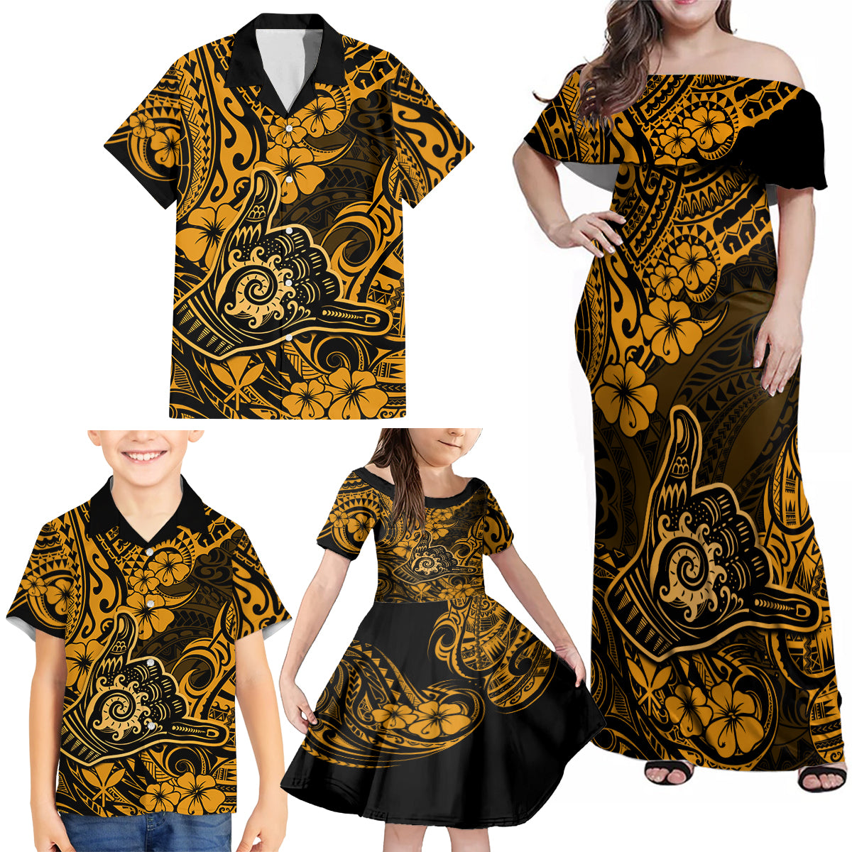Hawaii Shaka Sign Family Matching Off Shoulder Maxi Dress and Hawaiian Shirt With Polynesian Hibiscus Gold Unique - Wonder Print Shop