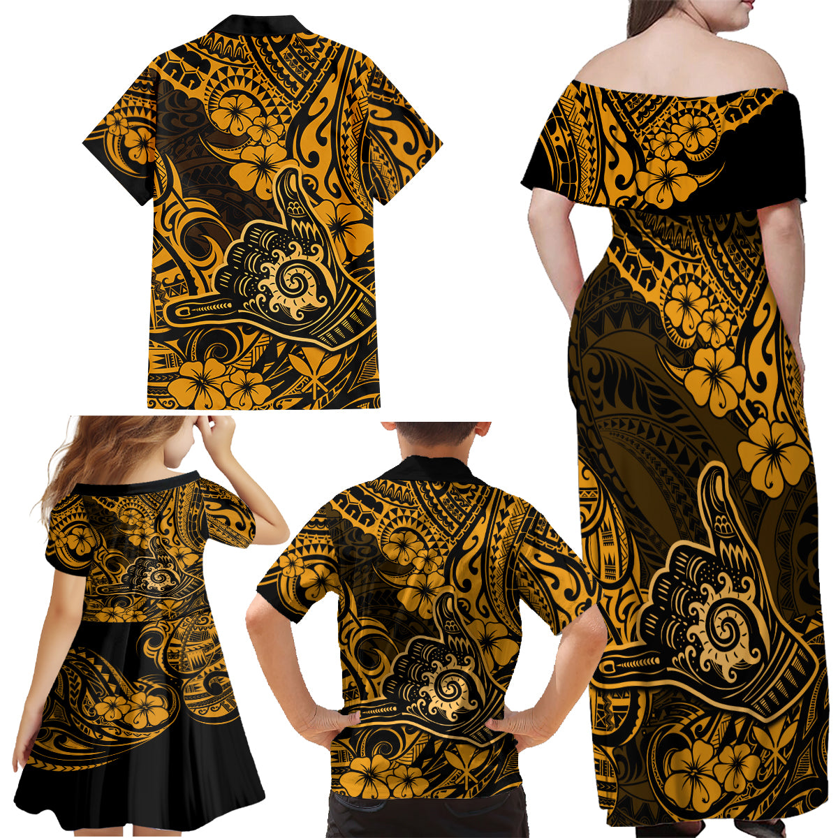 Hawaii Shaka Sign Family Matching Off Shoulder Maxi Dress and Hawaiian Shirt With Polynesian Hibiscus Gold Unique - Wonder Print Shop