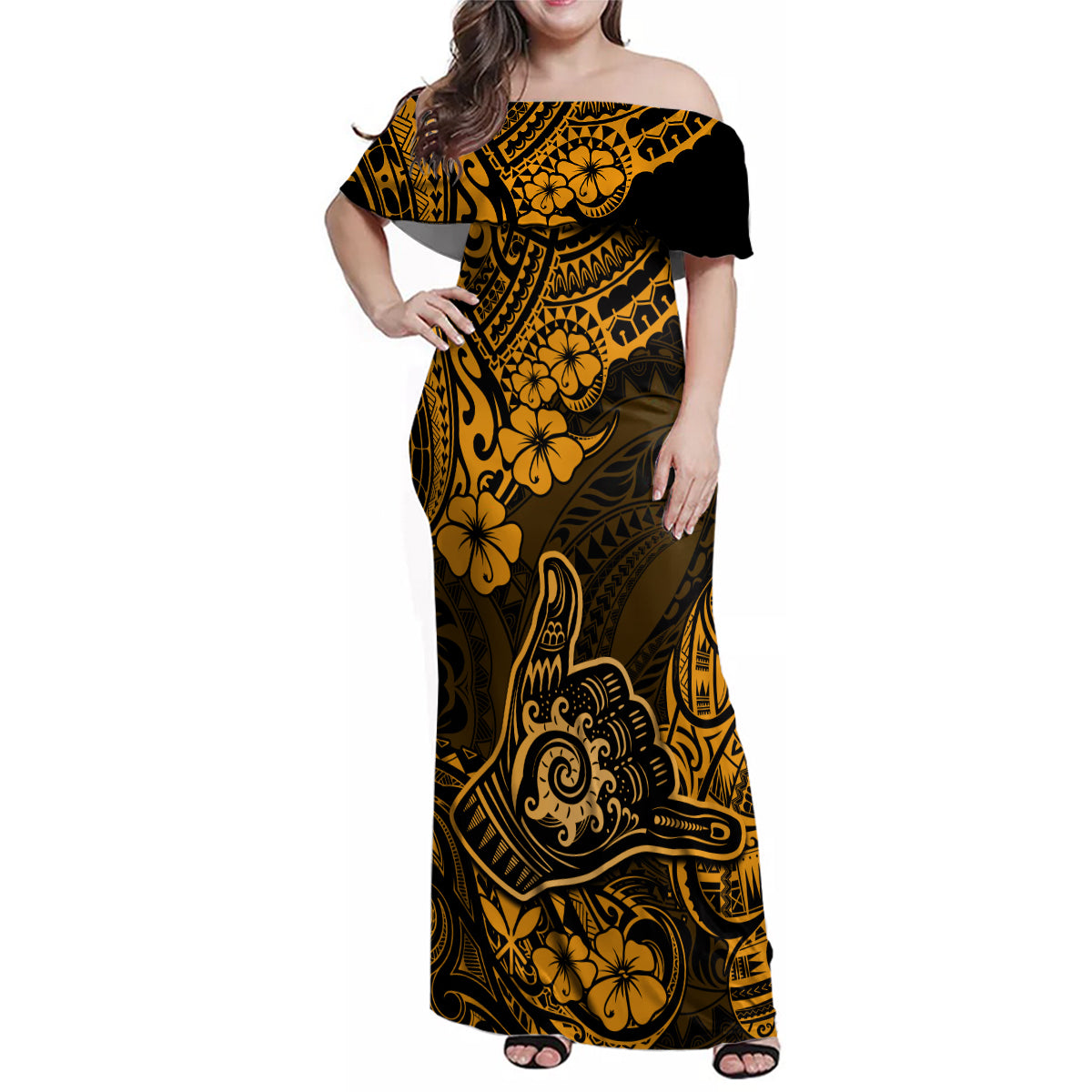 Hawaii Shaka Sign Family Matching Off Shoulder Maxi Dress and Hawaiian Shirt With Polynesian Hibiscus Gold Unique - Wonder Print Shop