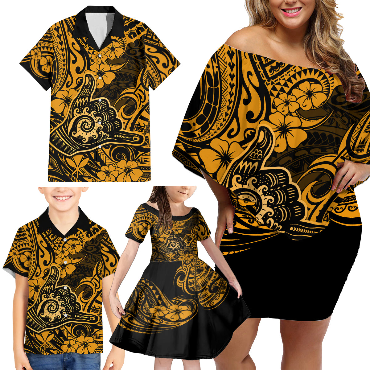 Hawaii Shaka Sign Family Matching Off Shoulder Short Dress and Hawaiian Shirt With Polynesian Hibiscus Gold Unique - Wonder Print Shop