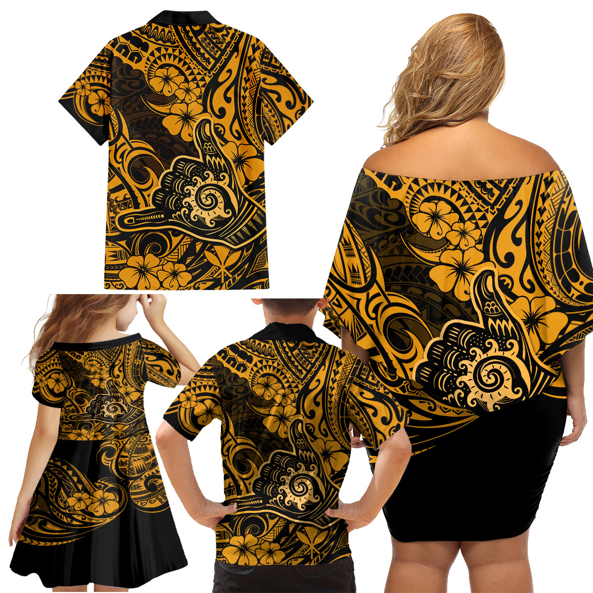 Hawaii Shaka Sign Family Matching Off Shoulder Short Dress and Hawaiian Shirt With Polynesian Hibiscus Gold Unique - Wonder Print Shop