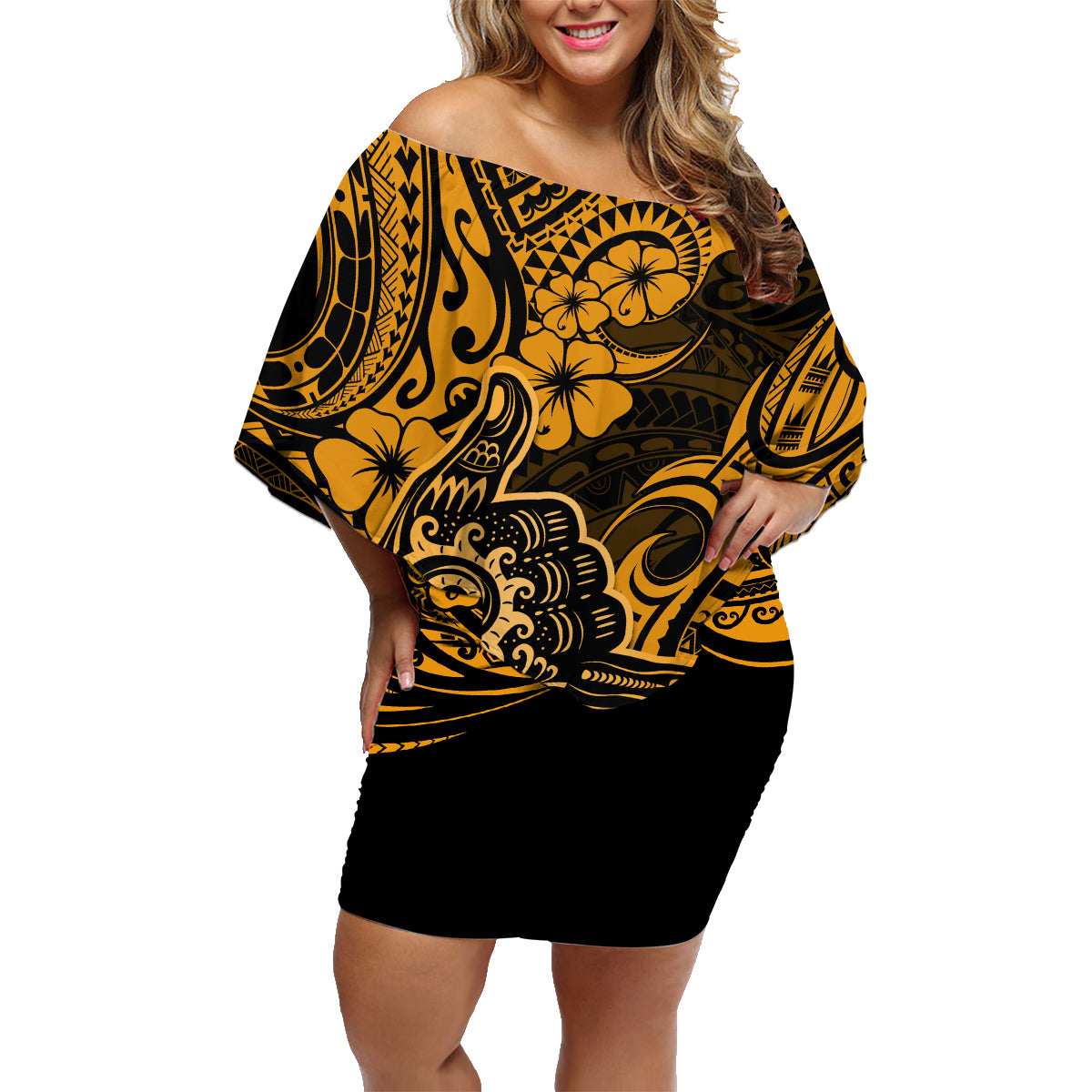 Hawaii Shaka Sign Family Matching Off Shoulder Short Dress and Hawaiian Shirt With Polynesian Hibiscus Gold Unique - Wonder Print Shop