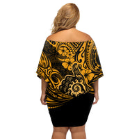 Hawaii Shaka Sign Family Matching Off Shoulder Short Dress and Hawaiian Shirt With Polynesian Hibiscus Gold Unique - Wonder Print Shop