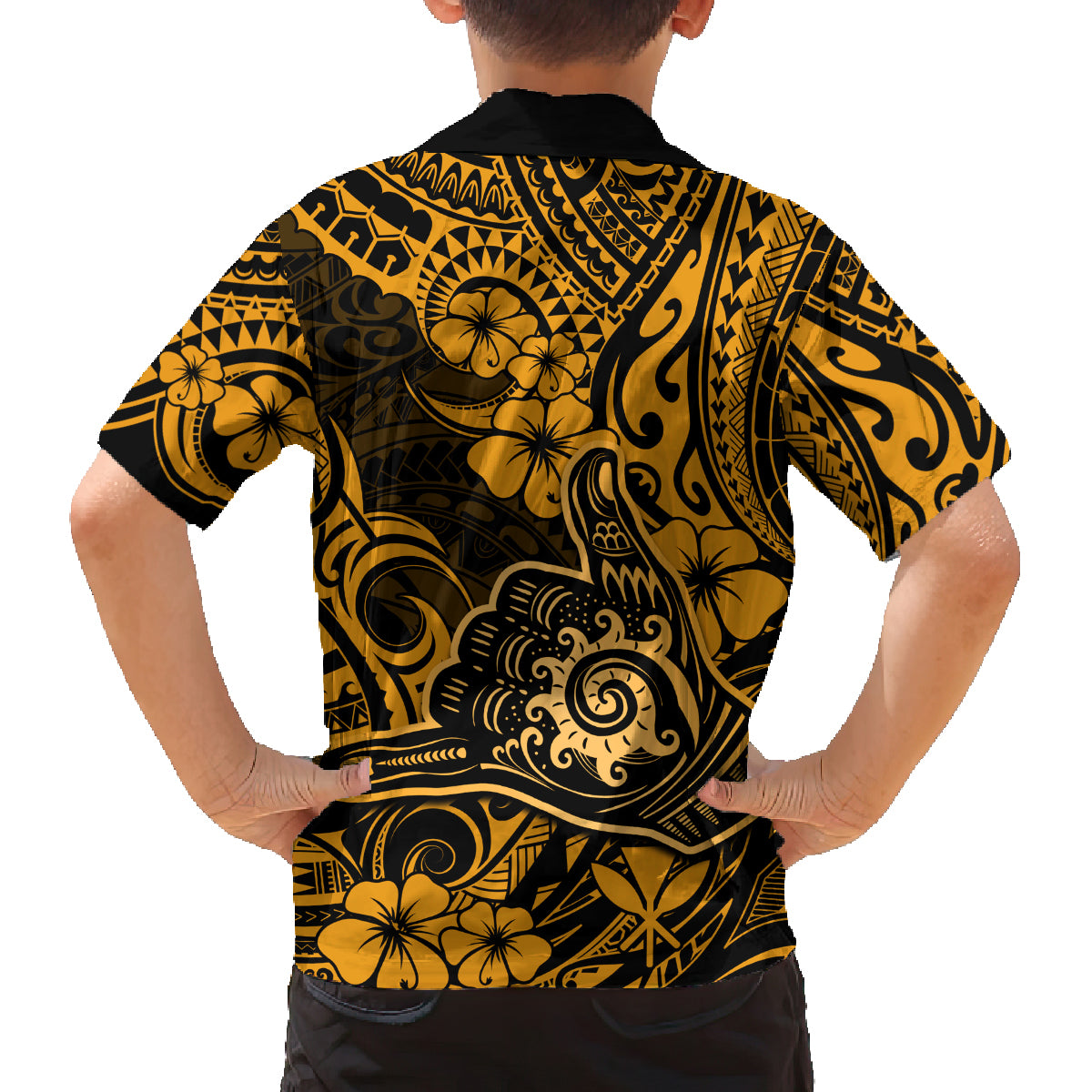 Hawaii Shaka Sign Family Matching Puletasi Dress and Hawaiian Shirt With Polynesian Hibiscus Gold Unique - Wonder Print Shop