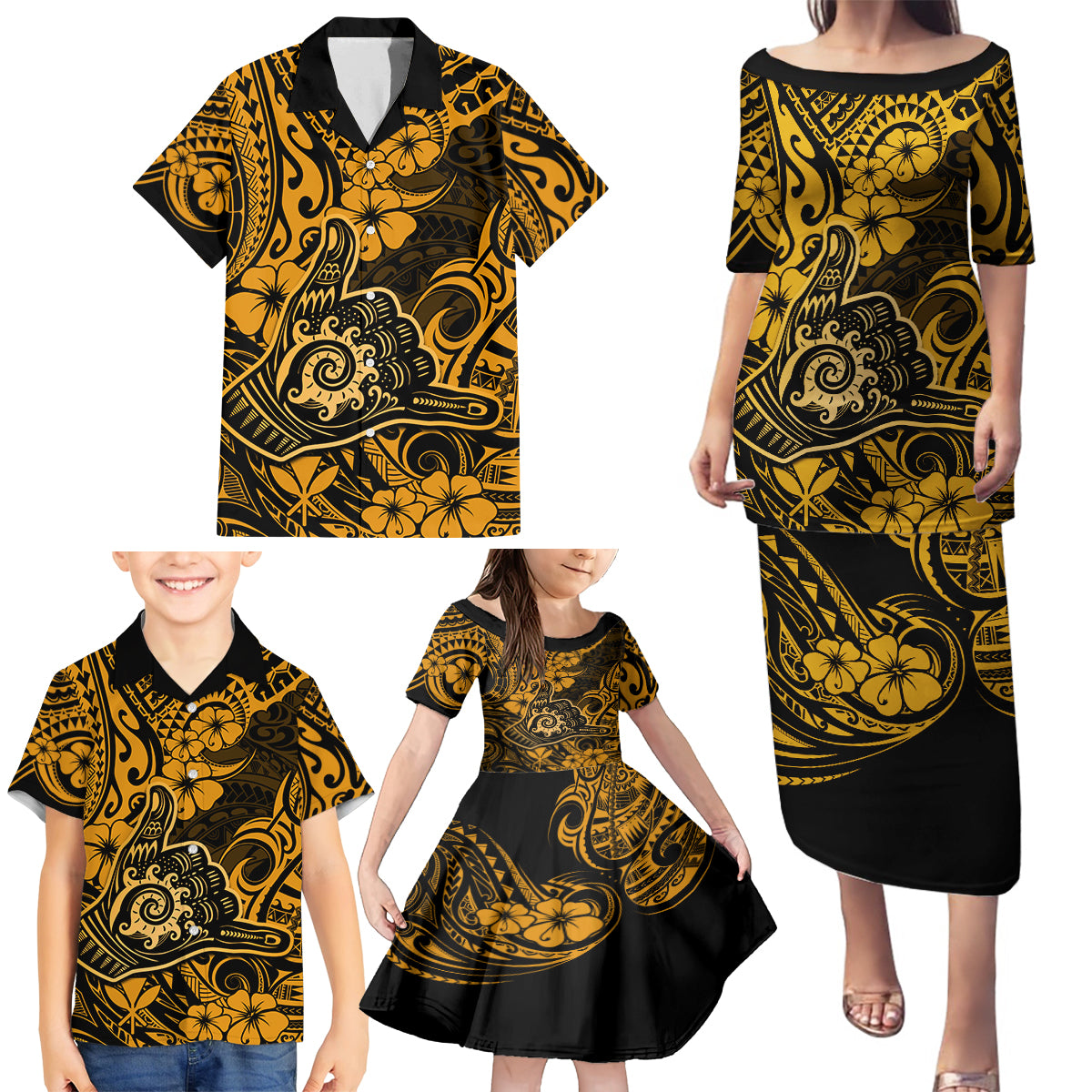 Hawaii Shaka Sign Family Matching Puletasi Dress and Hawaiian Shirt With Polynesian Hibiscus Gold Unique - Wonder Print Shop