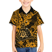 Hawaii Shaka Sign Family Matching Puletasi Dress and Hawaiian Shirt With Polynesian Hibiscus Gold Unique - Wonder Print Shop