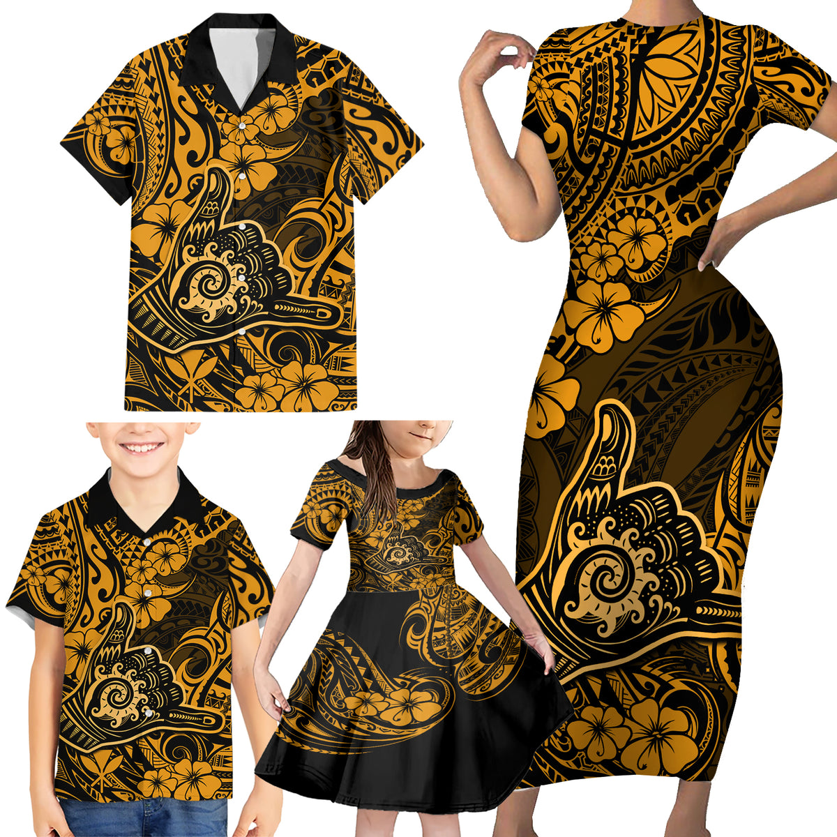 Hawaii Shaka Sign Family Matching Short Sleeve Bodycon Dress and Hawaiian Shirt With Polynesian Hibiscus Gold Unique - Wonder Print Shop