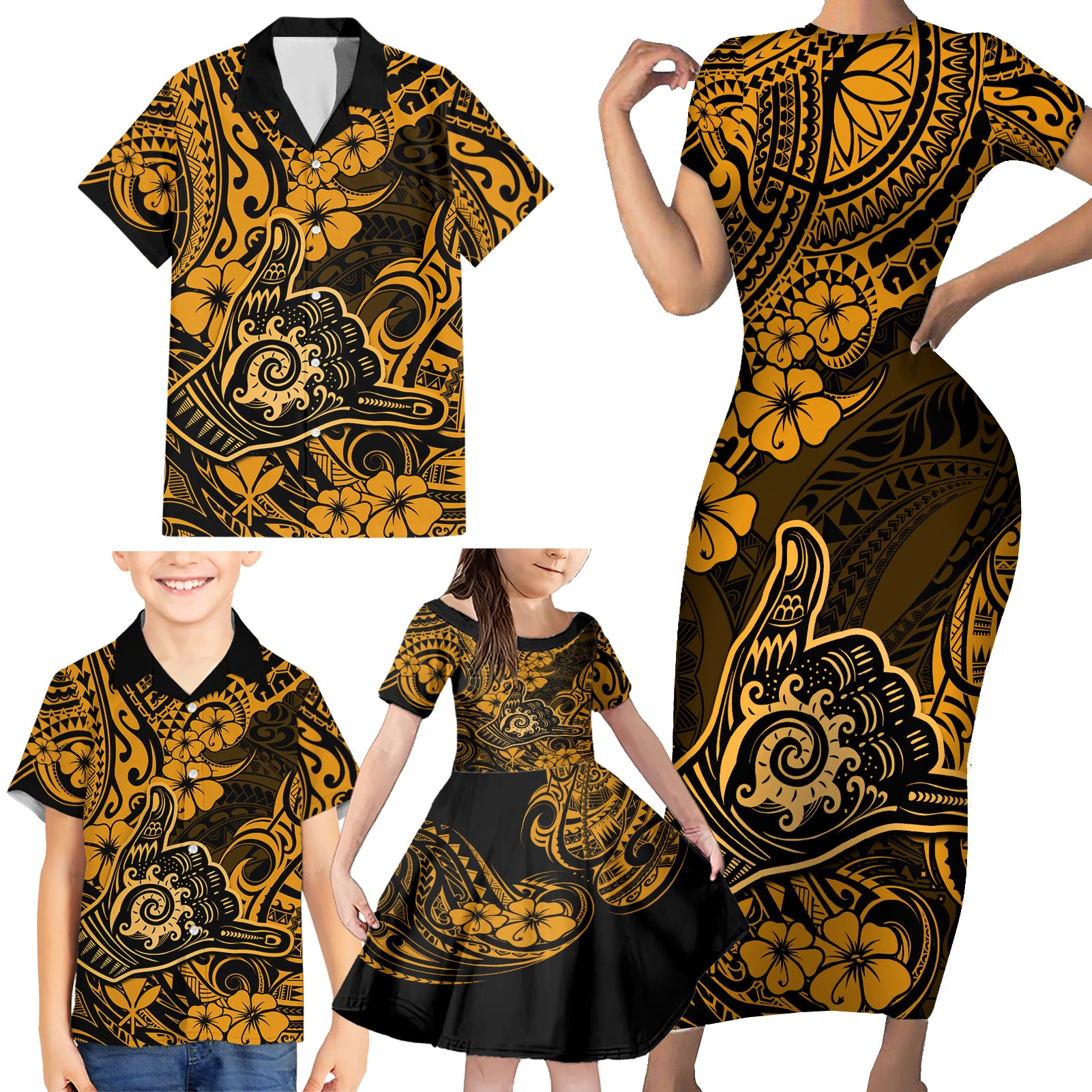 Hawaii Shaka Sign Family Matching Short Sleeve Bodycon Dress and Hawaiian Shirt With Polynesian Hibiscus Gold Unique - Wonder Print Shop