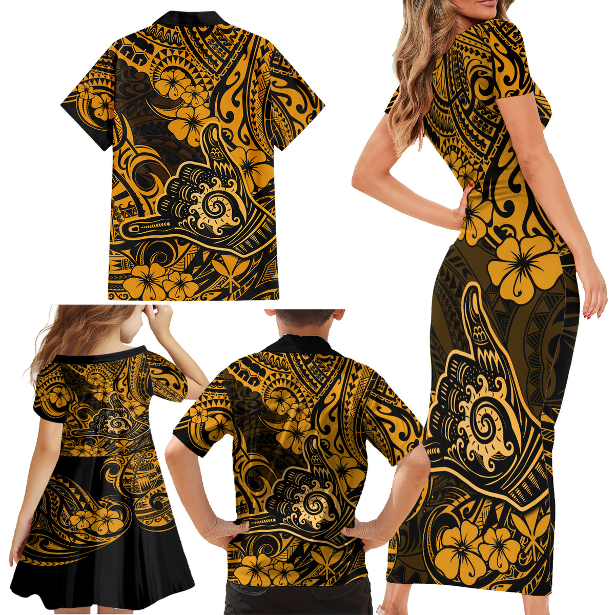Hawaii Shaka Sign Family Matching Short Sleeve Bodycon Dress and Hawaiian Shirt With Polynesian Hibiscus Gold Unique - Wonder Print Shop