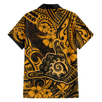 Hawaii Shaka Sign Family Matching Short Sleeve Bodycon Dress and Hawaiian Shirt With Polynesian Hibiscus Gold Unique - Wonder Print Shop