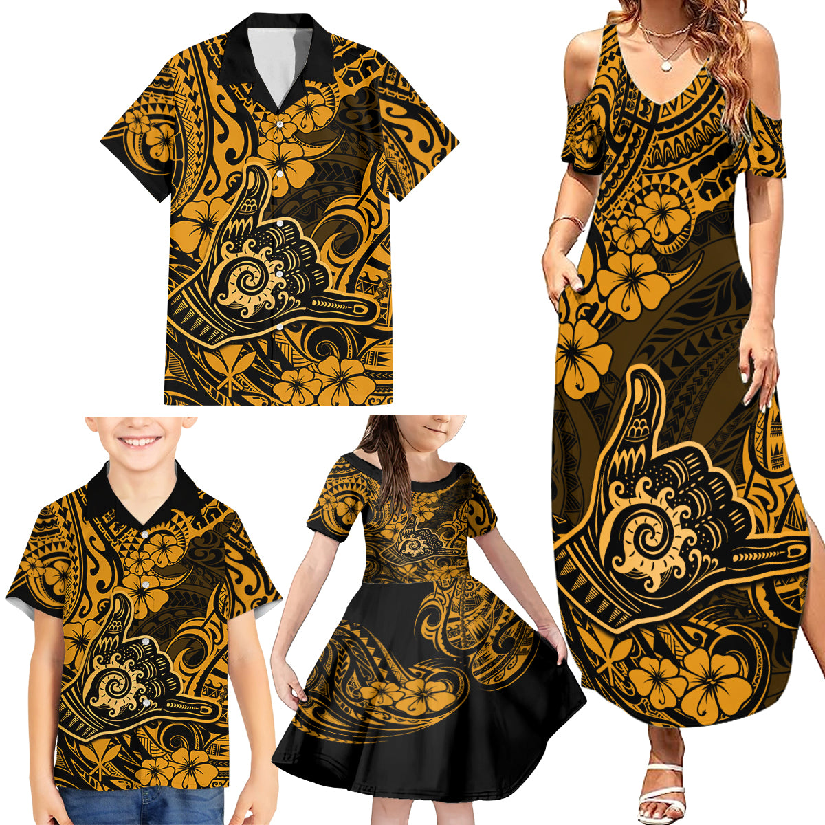Hawaii Shaka Sign Family Matching Summer Maxi Dress and Hawaiian Shirt With Polynesian Hibiscus Gold Unique - Wonder Print Shop