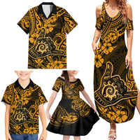 Hawaii Shaka Sign Family Matching Summer Maxi Dress and Hawaiian Shirt With Polynesian Hibiscus Gold Unique - Wonder Print Shop