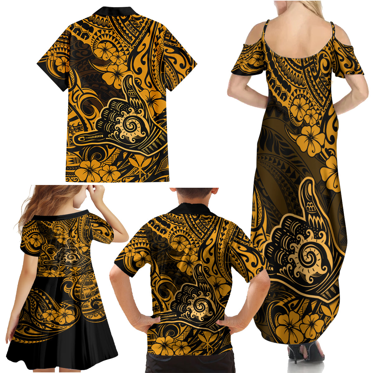 Hawaii Shaka Sign Family Matching Summer Maxi Dress and Hawaiian Shirt With Polynesian Hibiscus Gold Unique - Wonder Print Shop