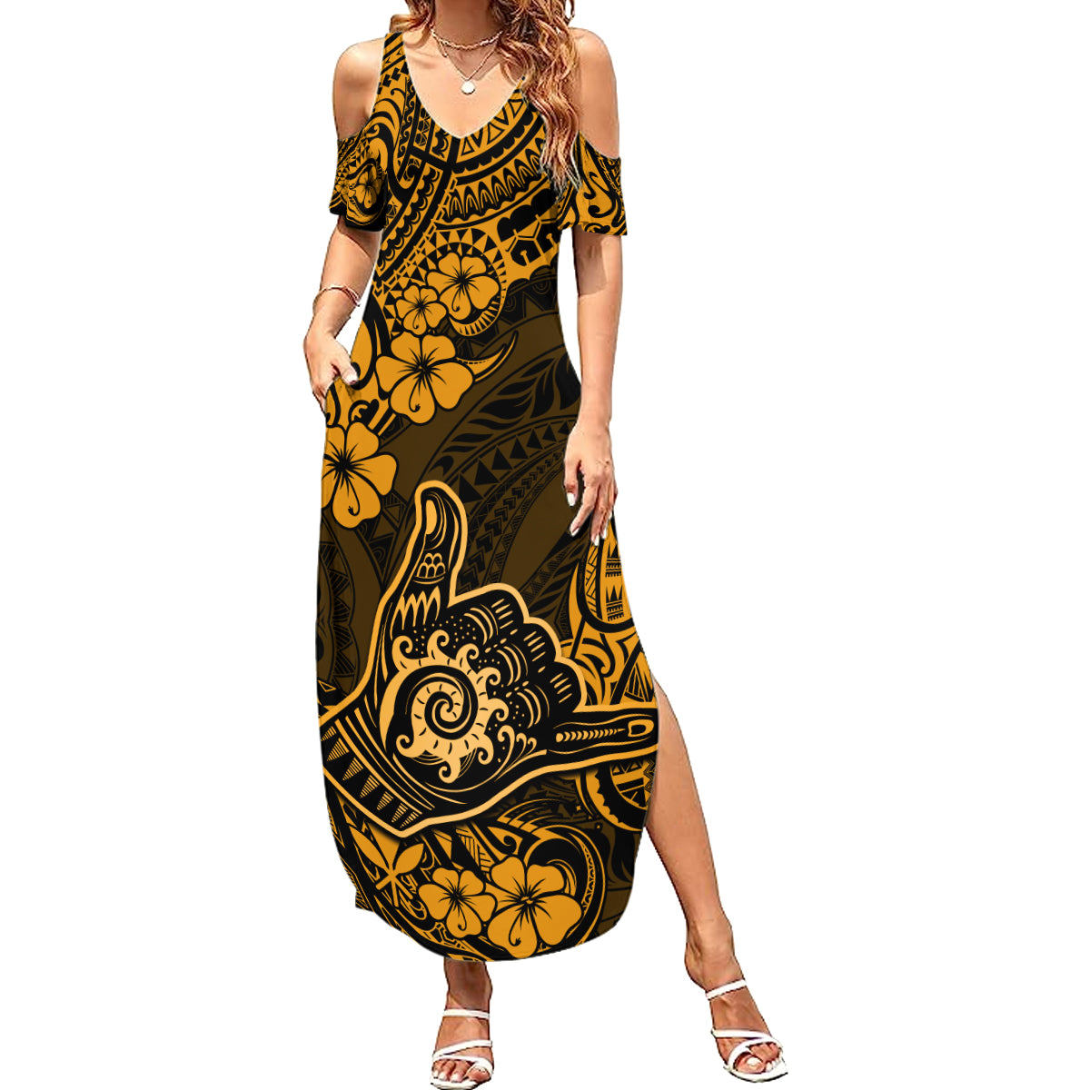 Hawaii Shaka Sign Family Matching Summer Maxi Dress and Hawaiian Shirt With Polynesian Hibiscus Gold Unique - Wonder Print Shop