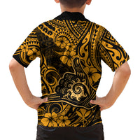 Hawaii Shaka Sign Family Matching Tank Maxi Dress and Hawaiian Shirt With Polynesian Hibiscus Gold Unique - Wonder Print Shop