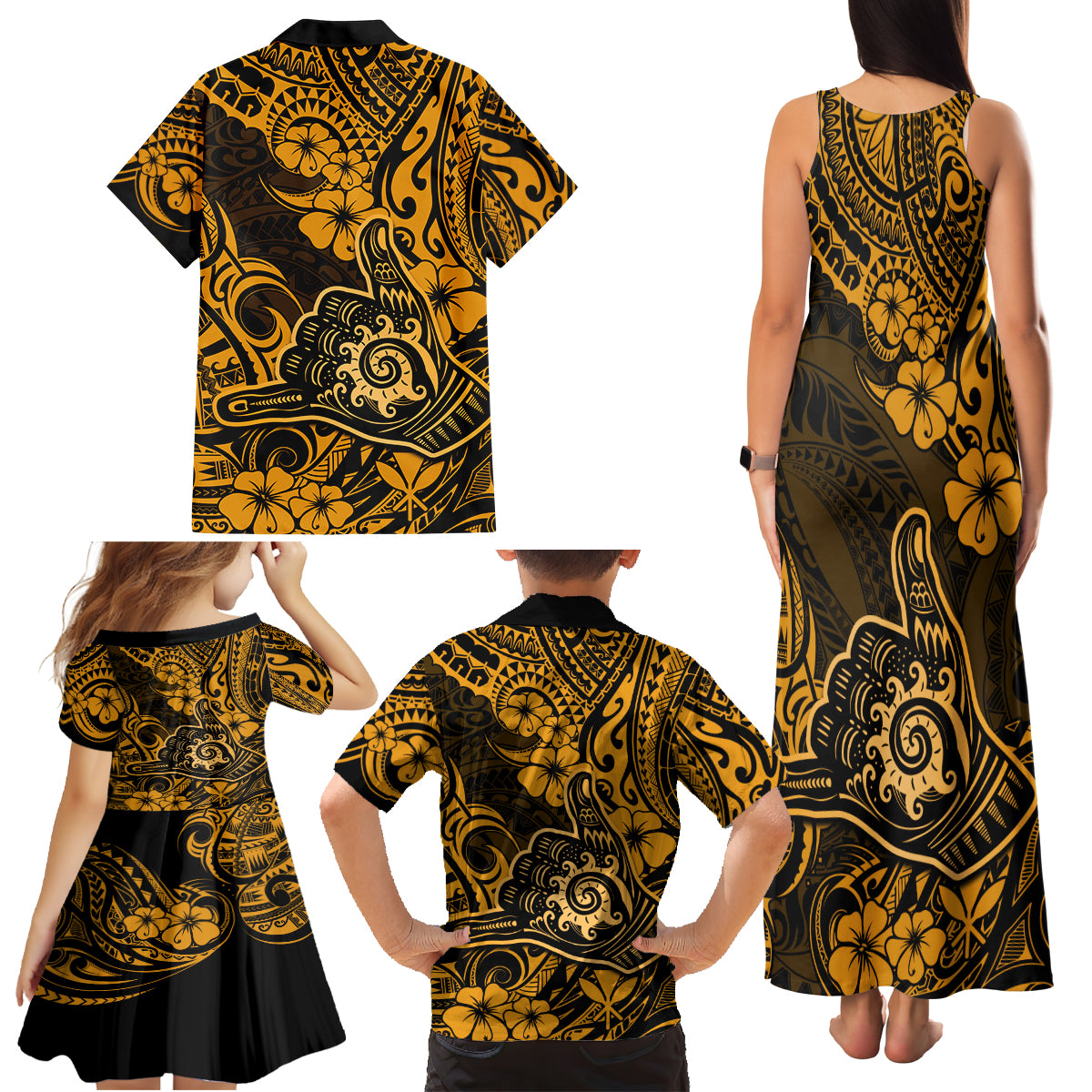 Hawaii Shaka Sign Family Matching Tank Maxi Dress and Hawaiian Shirt With Polynesian Hibiscus Gold Unique - Wonder Print Shop