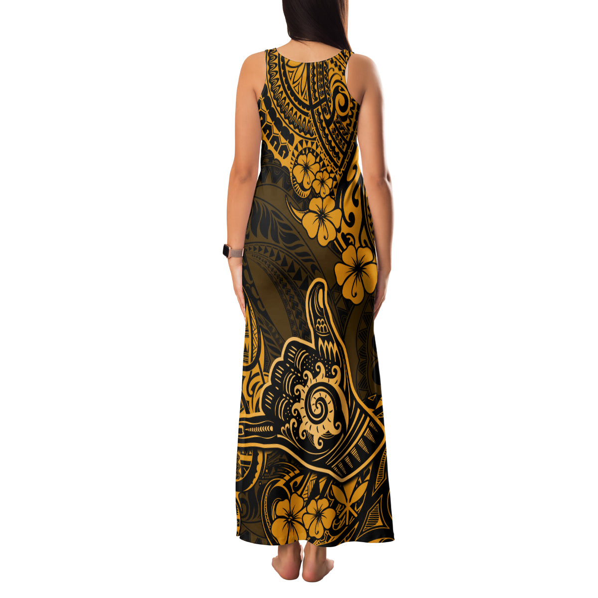 Hawaii Shaka Sign Family Matching Tank Maxi Dress and Hawaiian Shirt With Polynesian Hibiscus Gold Unique - Wonder Print Shop