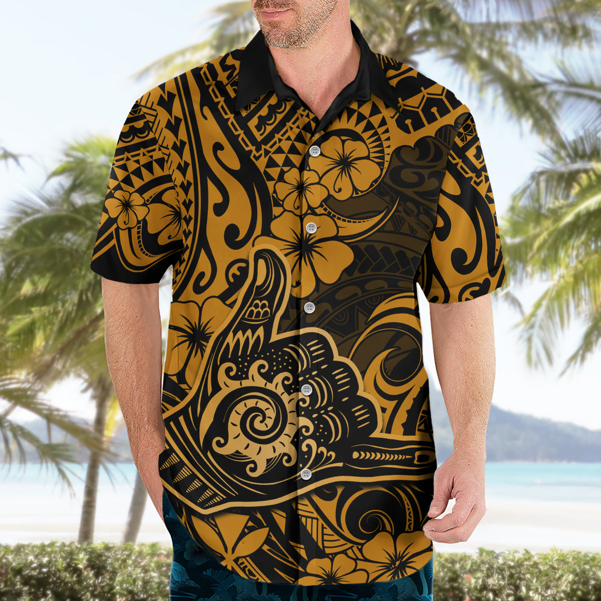 Hawaii Shaka Sign Hawaiian Shirt With Polynesian Hibiscus Gold Unique - Wonder Print Shop